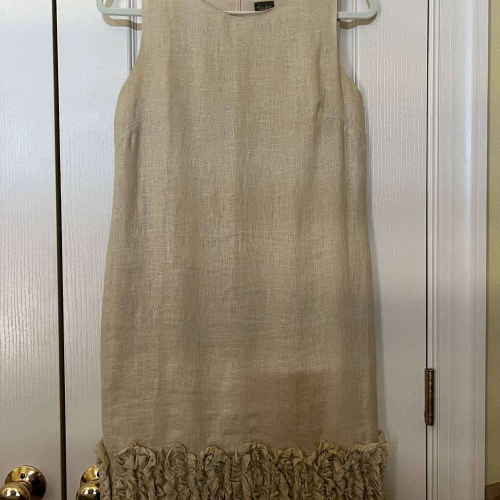 Taylor Linen Dress Size 4 Beige Sleeveless Mini Ruffle Hem Summer